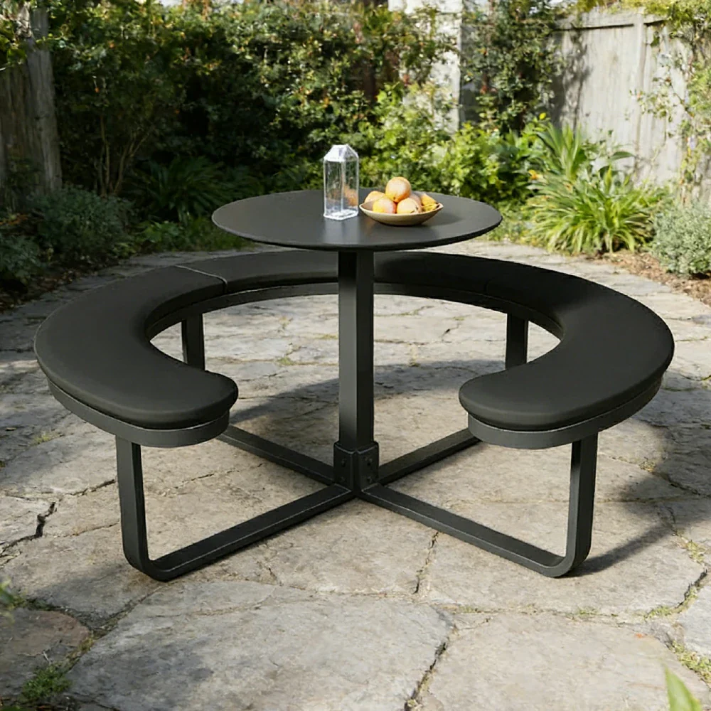 SOLARA Outdoor Round Picnic Table Set - Integrated Circular Bench Seating, Iron Surface Upholstered Seats, Iron Frame, 150/160/180cm Garden Patio Dining Table - Black - Image 12
