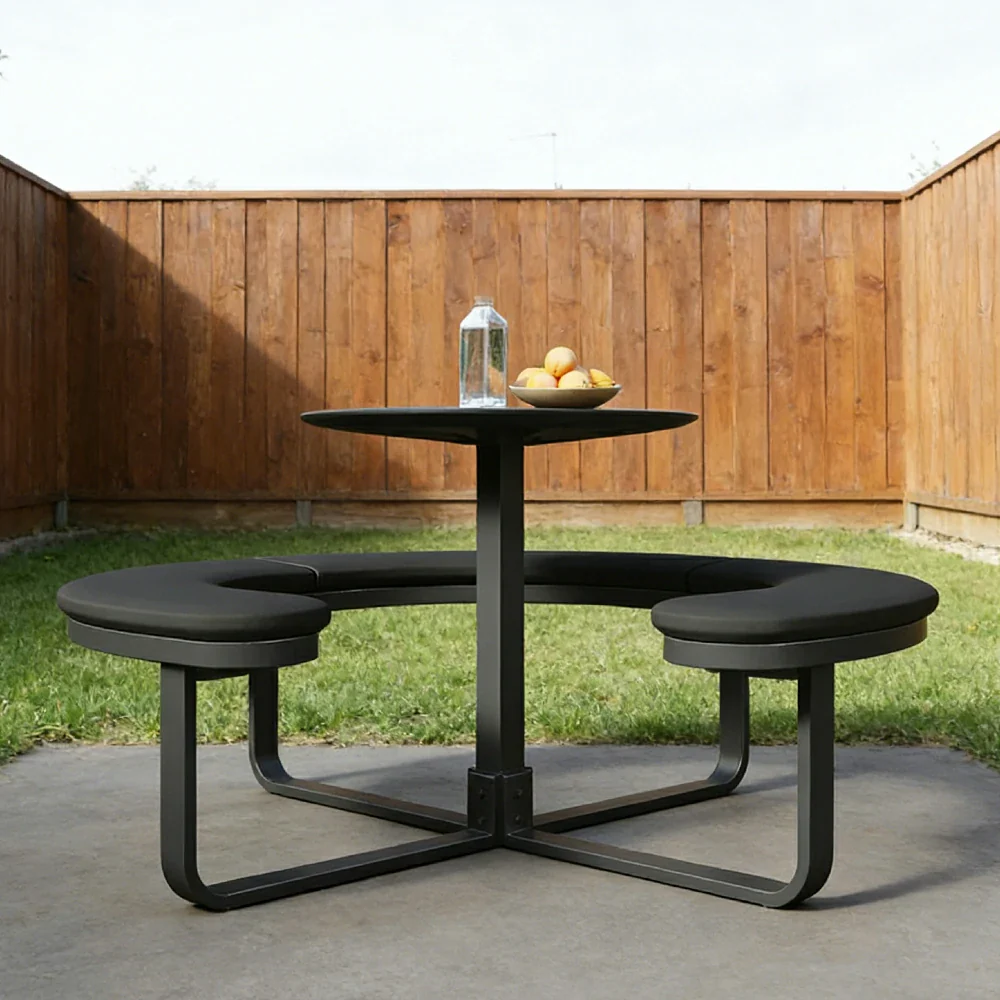 SOLARA Outdoor Round Picnic Table Set - Integrated Circular Bench Seating, Iron Surface Upholstered Seats, Iron Frame, 150/160/180cm Garden Patio Dining Table - Black - Image 14