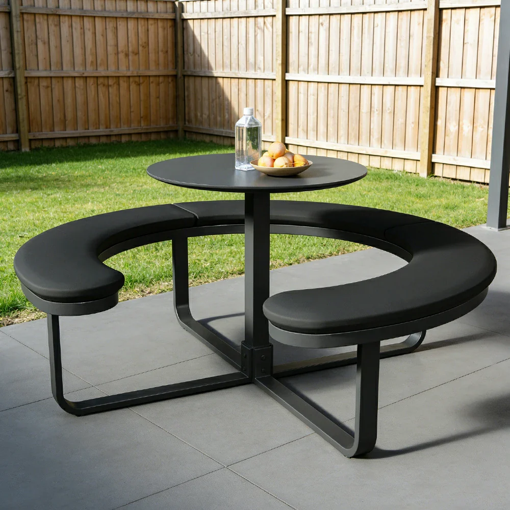 SOLARA Outdoor Round Picnic Table Set - Integrated Circular Bench Seating, Iron Surface Upholstered Seats, Iron Frame, 150/160/180cm Garden Patio Dining Table - Black - Image 6