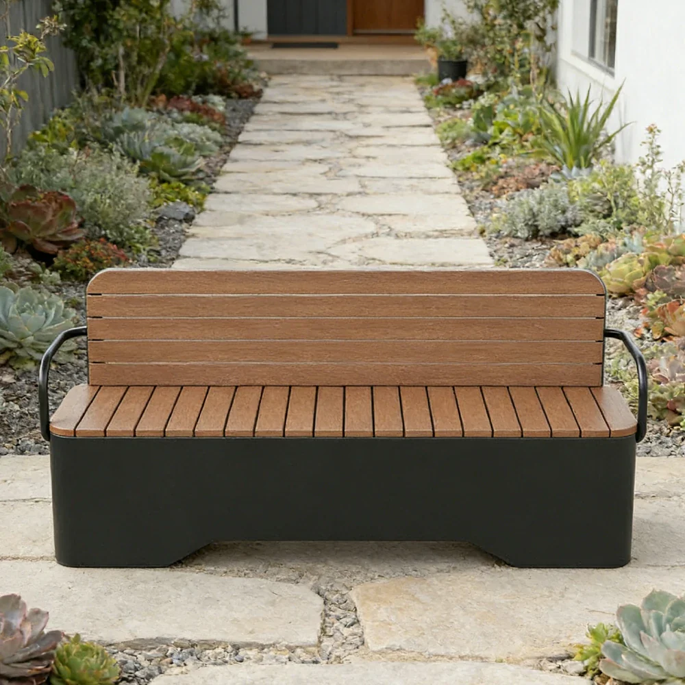 SOLARA Outdoor Garden Bench - Wood-Plastic Slatted Seat with Iron Frame, 120/150/180/200cm Patio Park Seating Bench - Black - Image 14