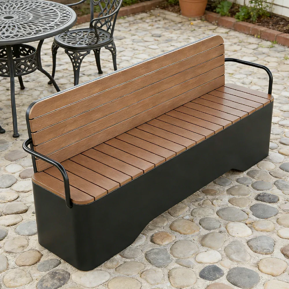 SOLARA Outdoor Garden Bench - Wood-Plastic Slatted Seat with Iron Frame, 120/150/180/200cm Patio Park Seating Bench - Black - Image 19
