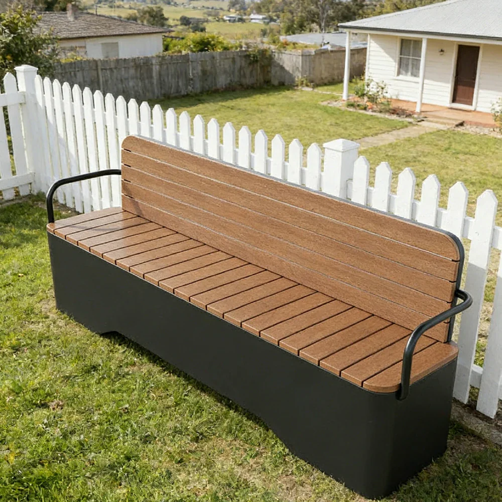 SOLARA Outdoor Garden Bench - Wood-Plastic Slatted Seat with Iron Frame, 120/150/180/200cm Patio Park Seating Bench - Black - Image 2