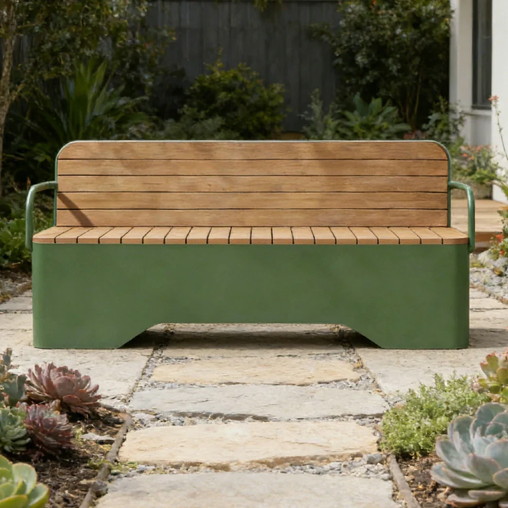 SOLARA Outdoor Garden Bench - Wood-Plastic Slatted Seat with Iron Frame, 120/150/180/200cm Patio Park Seating Bench -Green - Image 6