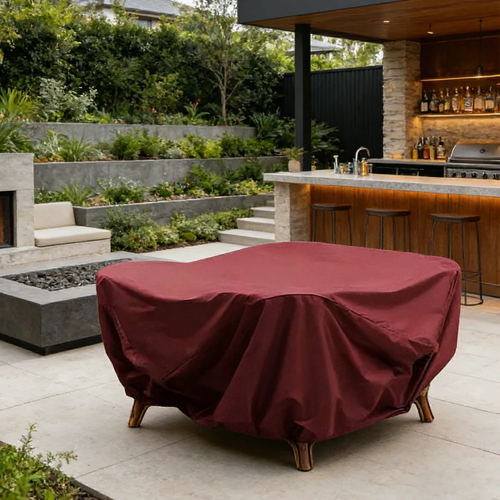 SOLARA Outdoor Table & Chair Rain Cover - 120/160/200cm Waterproof Oxford Fabric with Protective Rubber Backing, All-Weather Outdoor Protection - Wine Red - Image 4