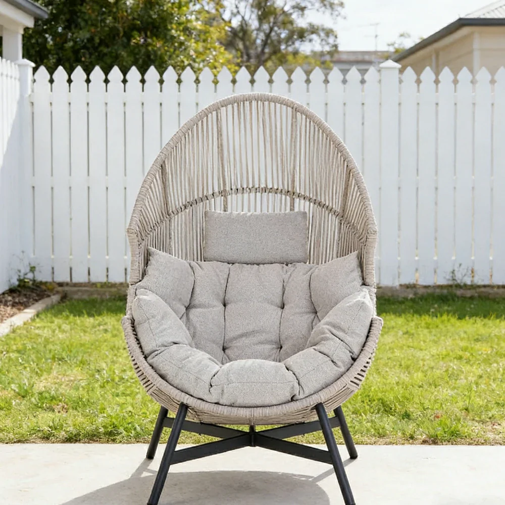 SOLARA Outdoor Rattan Lounge Chair - Wraparound Thick Cushion with Headrest, 142cm Relaxing Recliner for Patio Garden Balcony - Ivory White - Image 4