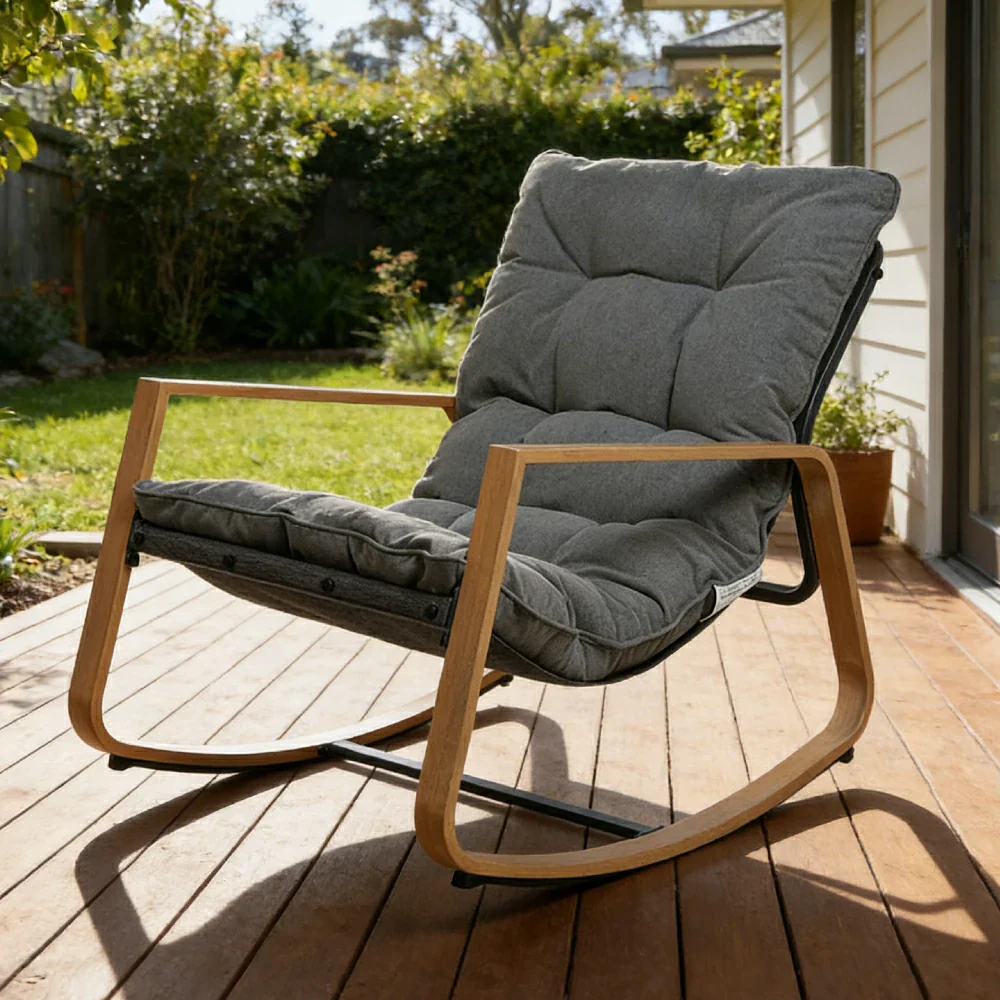 SOLARA Comfort Rocking Chair - Plush Tufted Cushion Wood-Grain Rocker Frame Relax Chair for Living Room Balcony - Grey - Image 2