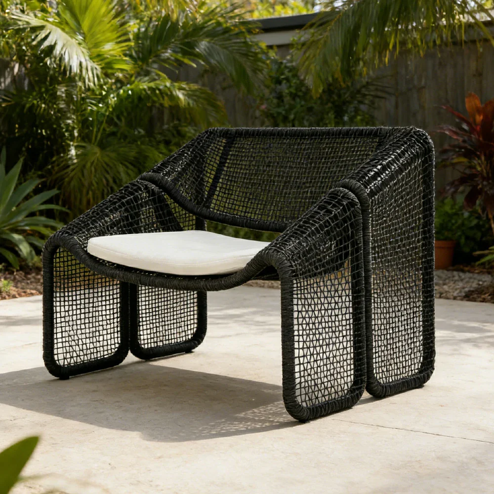 SOLARA Outdoor Rattan Armchair - Ergonomic Comfort Cushion, Powder-Coated Aluminium Frame, Square-Weave Rattan Patio Lounge Chair - Black - Image 2