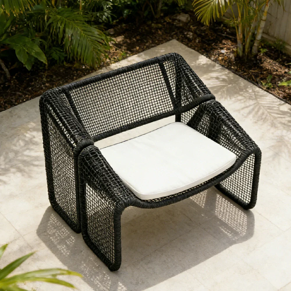 SOLARA Outdoor Rattan Armchair - Ergonomic Comfort Cushion, Powder-Coated Aluminium Frame, Square-Weave Rattan Patio Lounge Chair - Black - Image 4