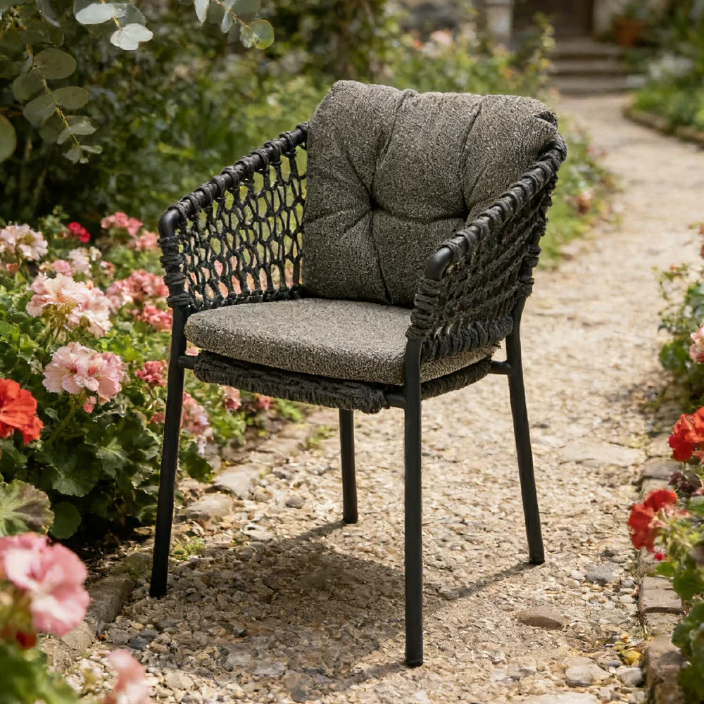 SOLARA Outdoor Woven Rope Chair - High-Density Cushion, Aviation-Grade Aluminium Frame, Waterproof UV-Resistant Patio Seating - Black - Image 2