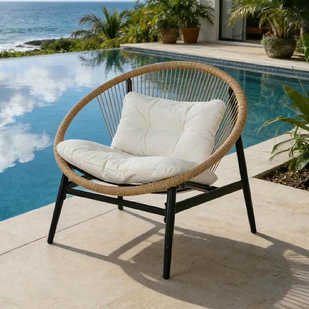 SOLARA Outdoor Rattan Lounge Chair - 12cm Thick Cushion, Iron Frame, Fan-Shaped Handwoven Backrest, Premium Yarn-Dyed Fabric Patio Seating - Grey - Image 2