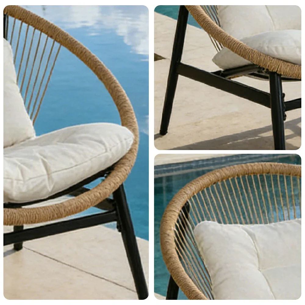 SOLARA Outdoor Rattan Lounge Chair - 12cm Thick Cushion, Iron Frame, Fan-Shaped Handwoven Backrest, Premium Yarn-Dyed Fabric Patio Seating - Grey - Image 3