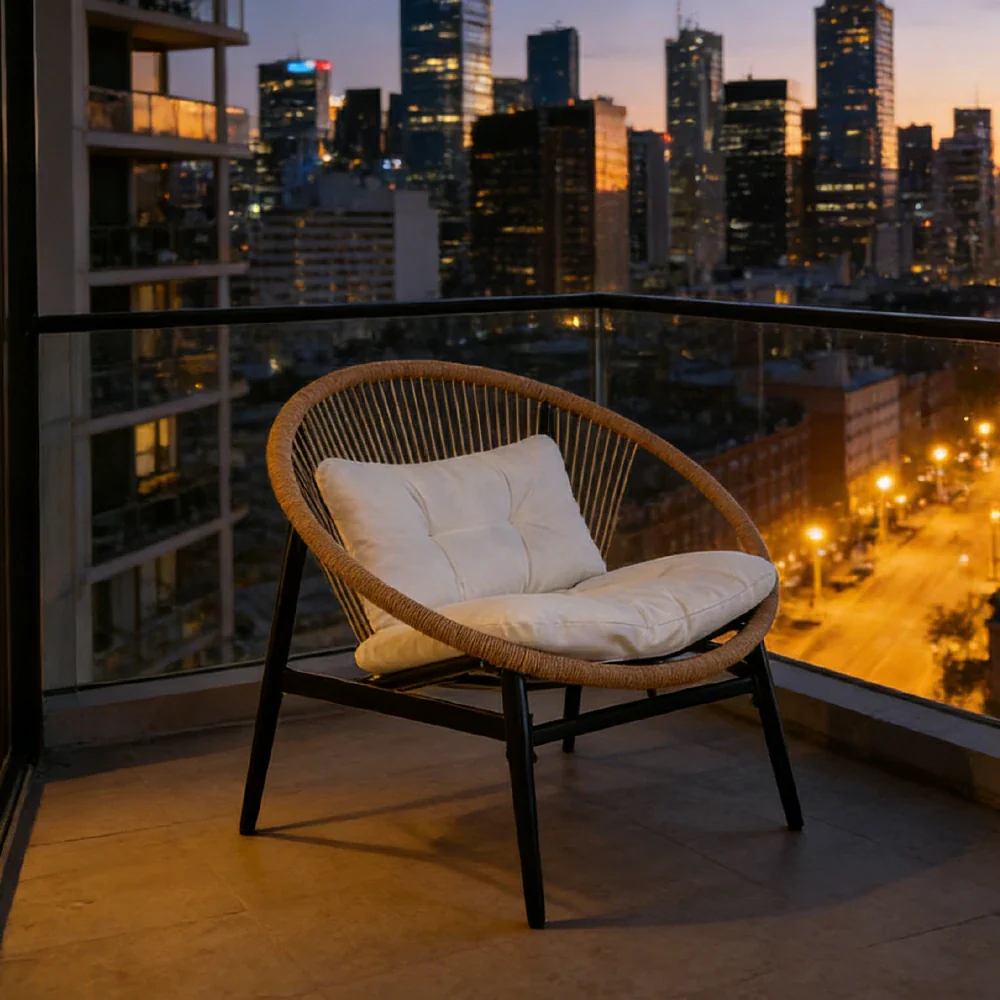 SOLARA Outdoor Rattan Lounge Chair - 12cm Thick Cushion, Iron Frame, Fan-Shaped Handwoven Backrest, Premium Yarn-Dyed Fabric Patio Seating - Grey - Image 4