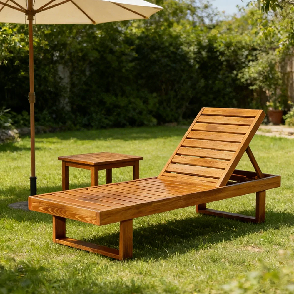 SOLARA Outdoor Reclining Sun Lounger - Multi-Position Adjustable Backrest, Premium Hardwood Construction, Weather-Resistant Finish - Yellow - Image 4