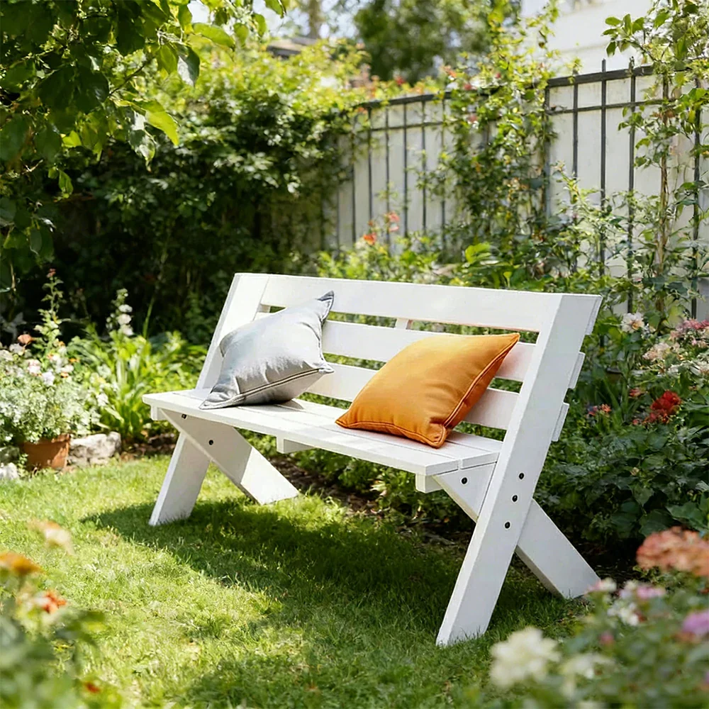 SOLARA 120/150cm Outdoor Two-Seater Bench - Heavy-Duty Solid Hardwood Construction, Reinforced X-Frame Support, Weather-Resistant Finish - White - Image 2