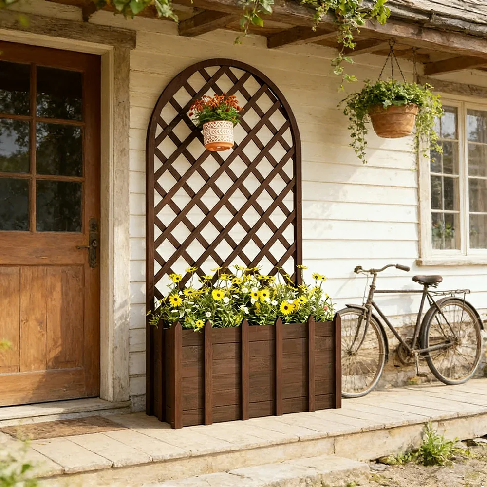 SOLARA 120/150cm Garden Arch Trellis - Weather-Resistant Waterproof Timber - Classic Arched Outdoor Climbing Plant Frame - Brown - Image 2