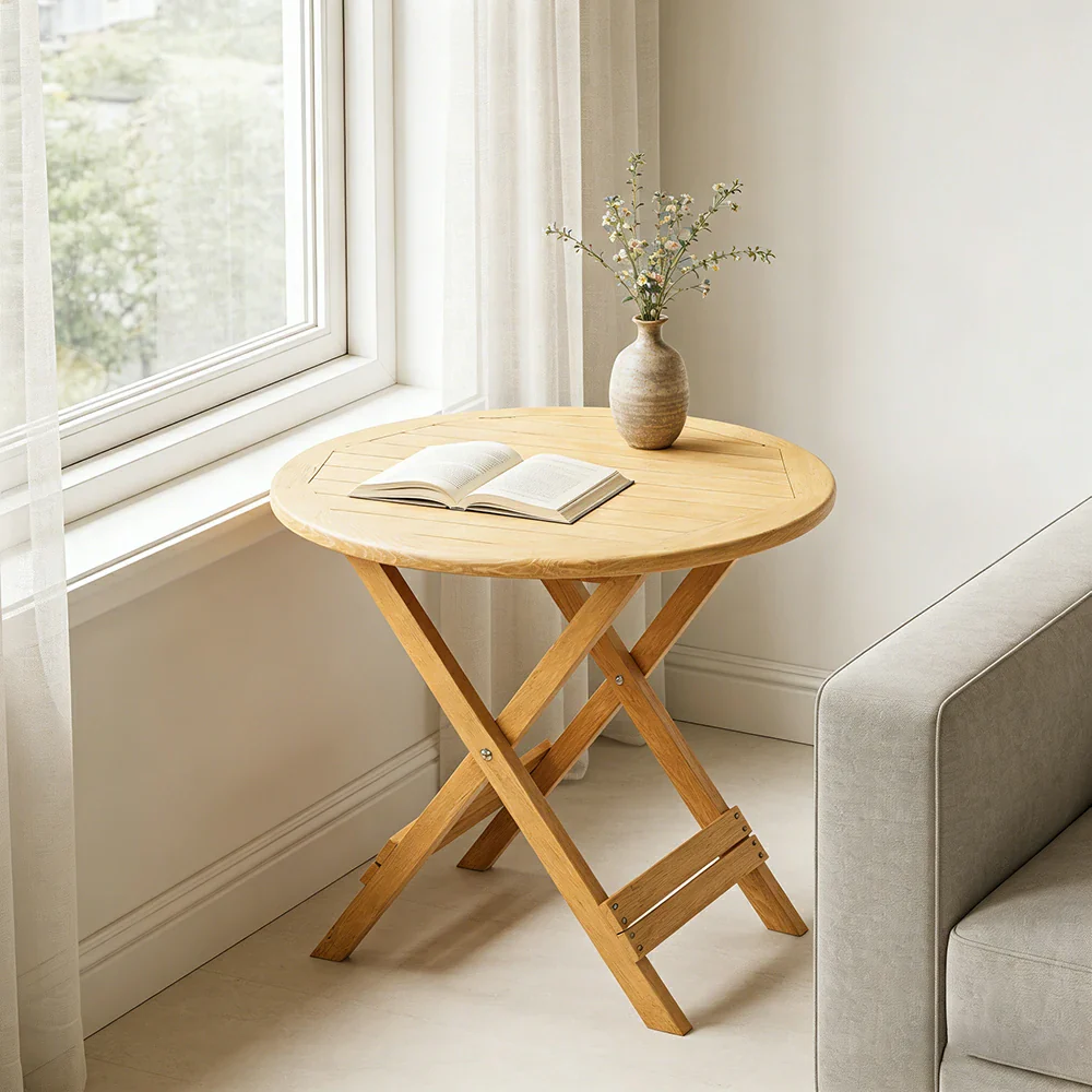 SOLARA Folding Round Table - Waterproof Anti-Rot Solid Timber - Heavy-Duty Portable Space-Saving Design - Yellow - Image 2