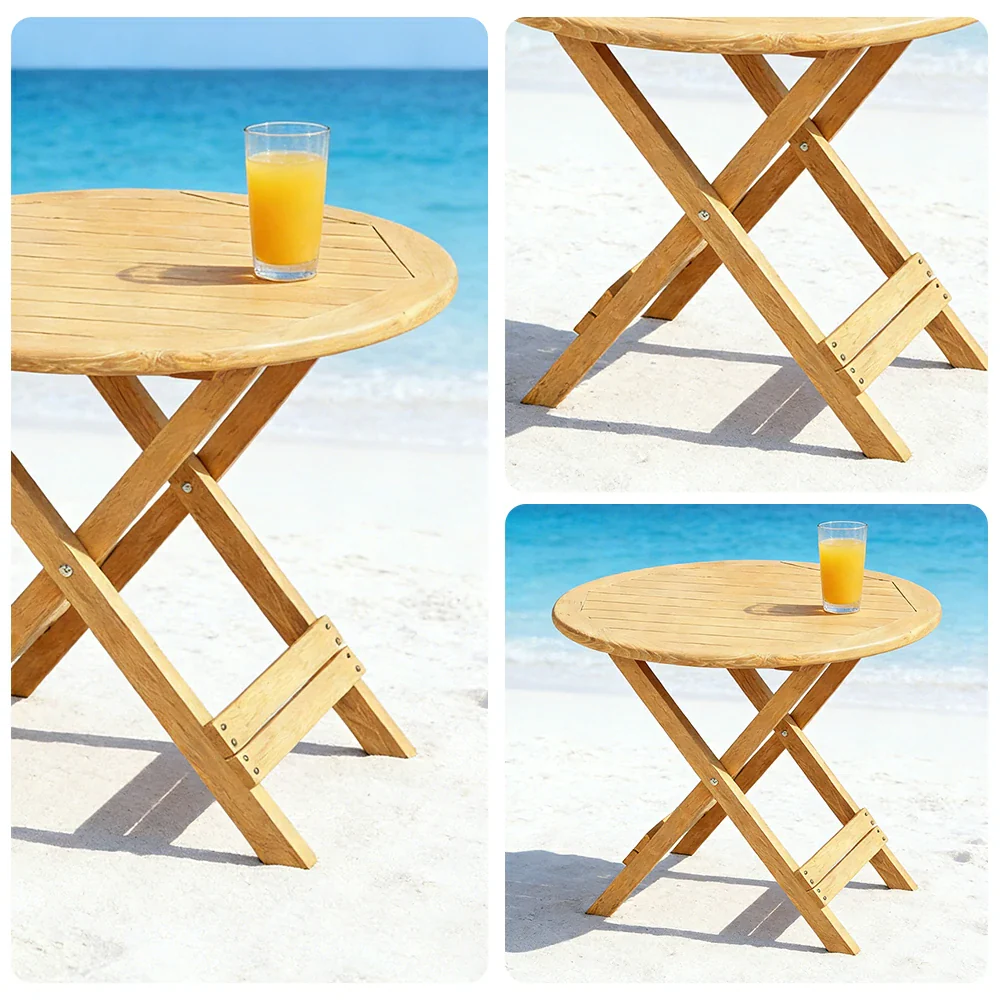 SOLARA Folding Round Table - Waterproof Anti-Rot Solid Timber - Heavy-Duty Portable Space-Saving Design - Yellow - Image 3
