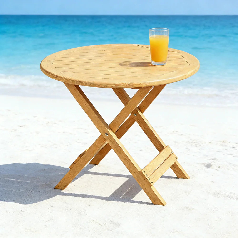 SOLARA Folding Round Table - Waterproof Anti-Rot Solid Timber - Heavy-Duty Portable Space-Saving Design - Yellow - Image 4