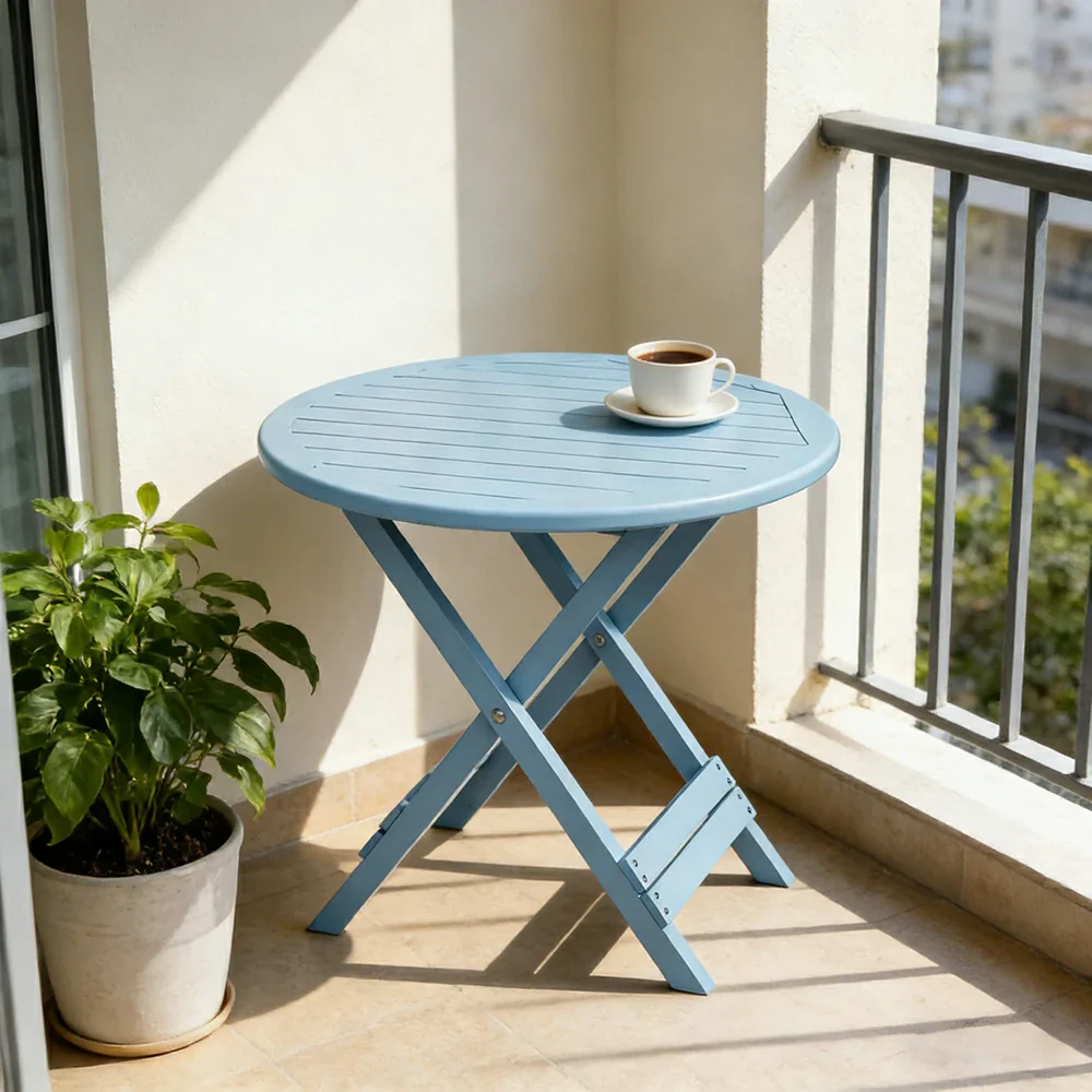 SOLARA Folding Round Table - Waterproof Anti-Rot Solid Timber - Heavy-Duty Portable Space-Saving Design - Blue - Image 2