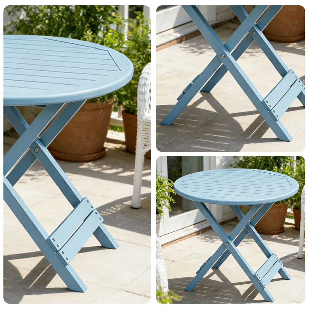 SOLARA Folding Round Table - Waterproof Anti-Rot Solid Timber - Heavy-Duty Portable Space-Saving Design - Blue - Image 3