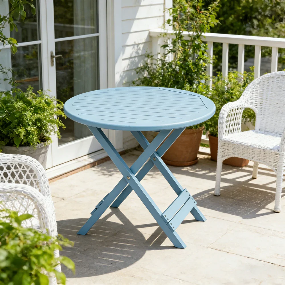 SOLARA Folding Round Table - Waterproof Anti-Rot Solid Timber - Heavy-Duty Portable Space-Saving Design - Blue - Image 4