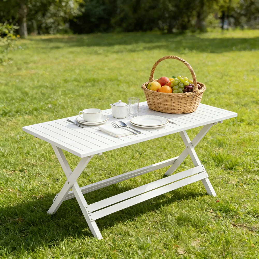 SOLARA Folding Long Table - Waterproof Anti-Rot Solid Timber - Heavy-Duty Portable Space-Saving Design - White - Image 2