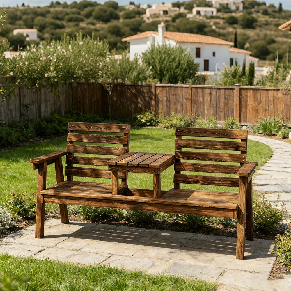 SOLARA Solid Wood Two-Seater Bench Chair with Integrated Centre Table - Seamless Full-Panel Timber Design, Thickened Reclined Backrest - Brown - Image 2