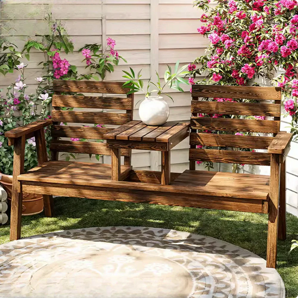 SOLARA Solid Wood Two-Seater Bench Chair with Integrated Centre Table - Seamless Full-Panel Timber Design, Thickened Reclined Backrest - Brown - Image 4