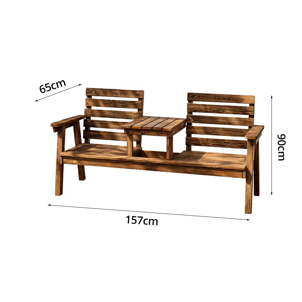 SOLARA Solid Wood Two-Seater Bench Chair with Integrated Centre Table - Seamless Full-Panel Timber Design, Thickened Reclined Backrest - Brown - Image 5