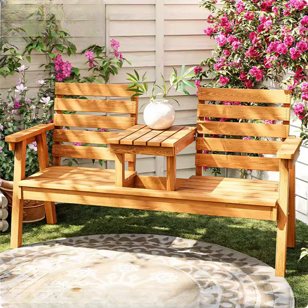 SOLARA Solid Wood Two-Seater Bench Chair with Integrated Centre Table - Seamless Full-Panel Timber Design, Thickened Reclined Backrest - Yellow - Image 2