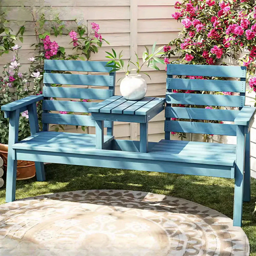 SOLARA Solid Wood Two-Seater Bench Chair with Integrated Centre Table - Seamless Full-Panel Timber Design, Thickened Reclined Backrest - Blue - Image 2