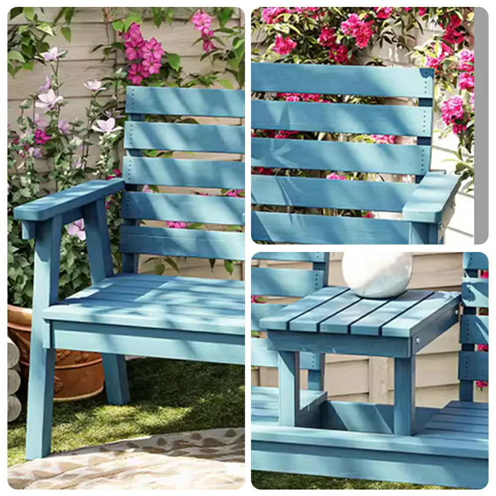 SOLARA Solid Wood Two-Seater Bench Chair with Integrated Centre Table - Seamless Full-Panel Timber Design, Thickened Reclined Backrest - Blue - Image 3