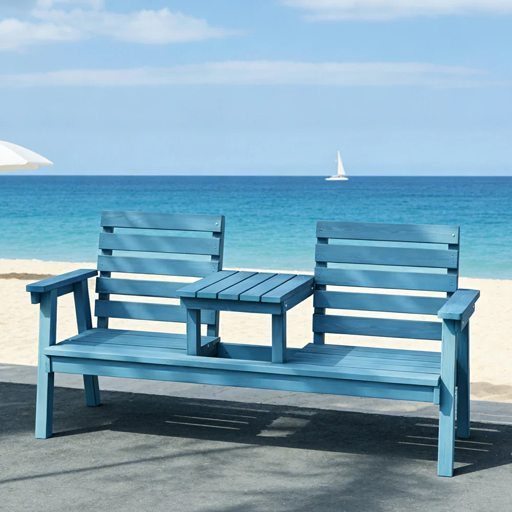 SOLARA Solid Wood Two-Seater Bench Chair with Integrated Centre Table - Seamless Full-Panel Timber Design, Thickened Reclined Backrest - Blue - Image 4