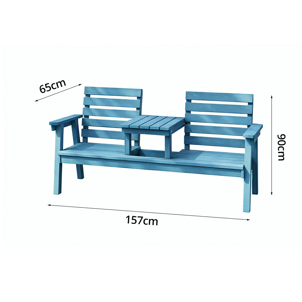 SOLARA Solid Wood Two-Seater Bench Chair with Integrated Centre Table - Seamless Full-Panel Timber Design, Thickened Reclined Backrest - Blue - Image 5