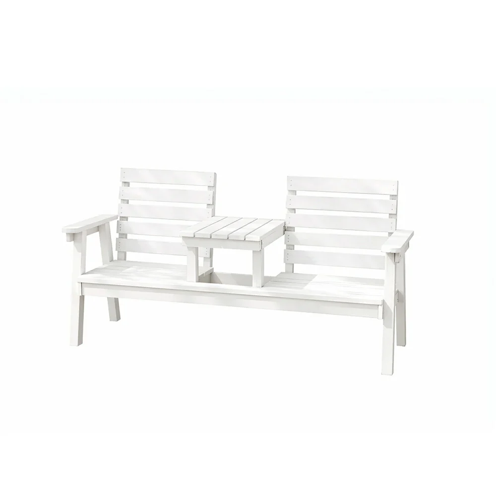 SOLARA Solid Wood Two-Seater Bench Chair with Integrated Centre Table - Seamless Full-Panel Timber Design, Thickened Reclined Backrest - White