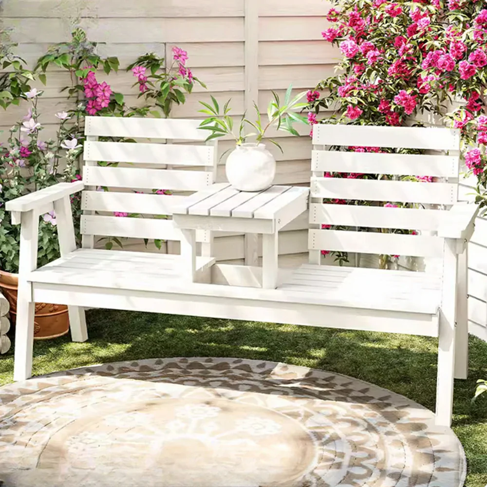 SOLARA Solid Wood Two-Seater Bench Chair with Integrated Centre Table - Seamless Full-Panel Timber Design, Thickened Reclined Backrest - White - Image 2