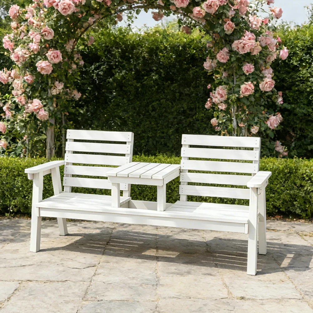 SOLARA Solid Wood Two-Seater Bench Chair with Integrated Centre Table - Seamless Full-Panel Timber Design, Thickened Reclined Backrest - White - Image 4