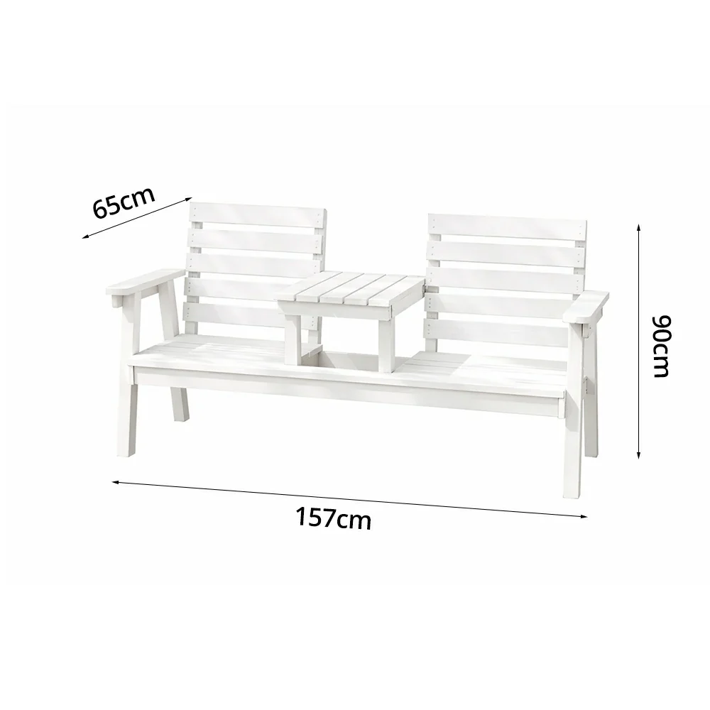 SOLARA Solid Wood Two-Seater Bench Chair with Integrated Centre Table - Seamless Full-Panel Timber Design, Thickened Reclined Backrest - White - Image 5
