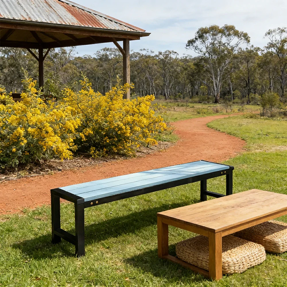 SOLARA 120/150cm Outdoor Bench Seat - Heavy-Duty Cast Aluminium Frame, Solid Timber Slats, Weather-Resistant & Ground-Fixable Design - Blue - Image 2