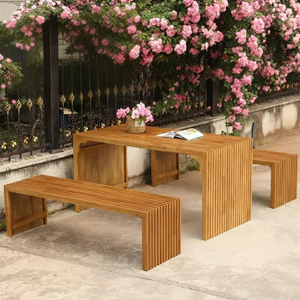 SOLARA Outdoor Timber Table - Heavy-Duty Solid Wood Construction, Weather-Protected Finish, Upgraded Slatted Design - Walnut - Image 4