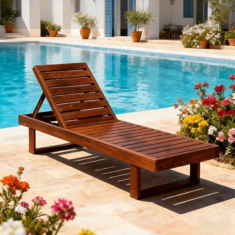 SOLARA Outdoor Reclining Sun Lounger - Multi-Position Adjustable Backrest, Premium Hardwood Construction, Weather-Resistant Finish - Brown - Image 2