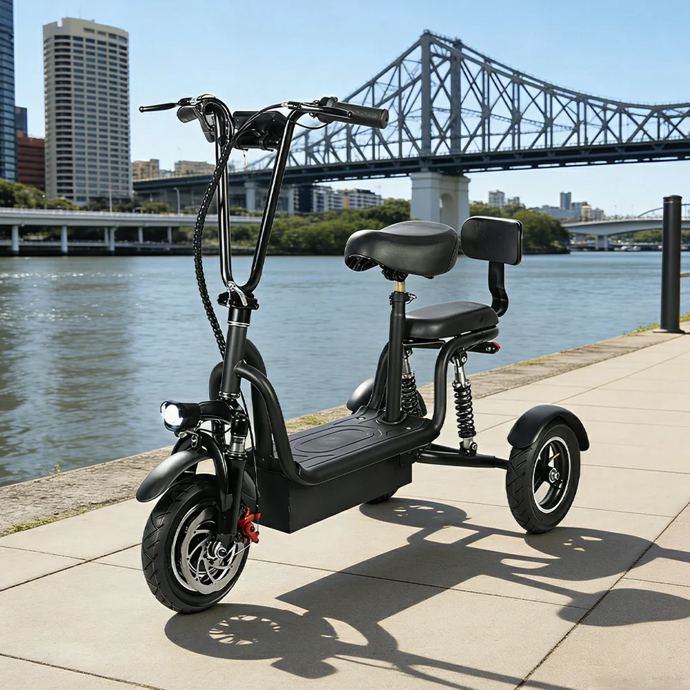 TRIFLY G2 Electric Tricycle Scooter - 3-Wheel Stable Design with Dual Seat & Backrest, Shock Absorption Suspension, Disc Brakes, Front LED Headlight - Black - Image 2