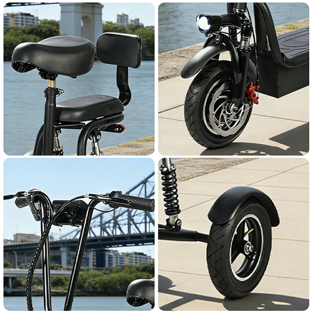 TRIFLY G2 Electric Tricycle Scooter - 3-Wheel Stable Design with Dual Seat & Backrest, Shock Absorption Suspension, Disc Brakes, Front LED Headlight - Black - Image 3