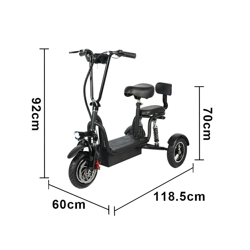TRIFLY G2 Electric Tricycle Scooter - 3-Wheel Stable Design with Dual Seat & Backrest, Shock Absorption Suspension, Disc Brakes, Front LED Headlight - Black - Image 5