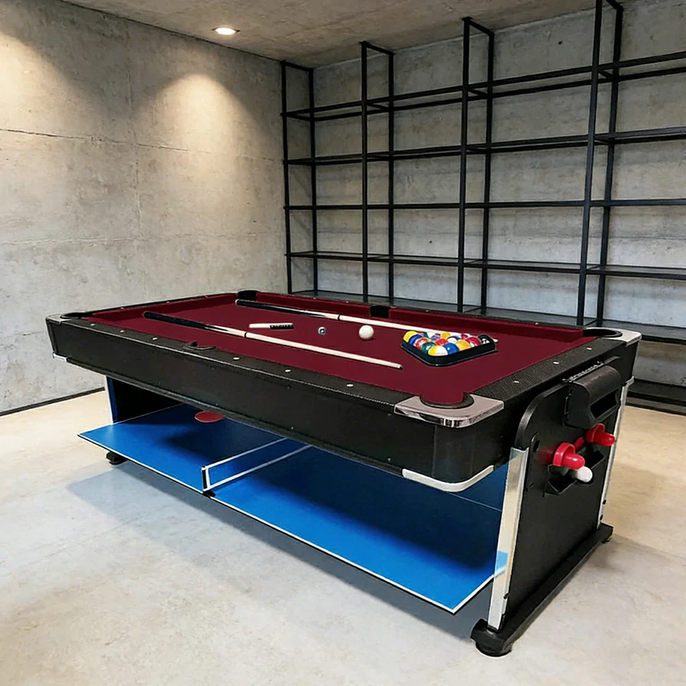 VERSA 4-IN-1 6FT Convertible Game Table - Air Hockey, Pool, Table Tennis & Dining, Space-Saving Black Frame, Free Accessories - Red Felt - Image 3
