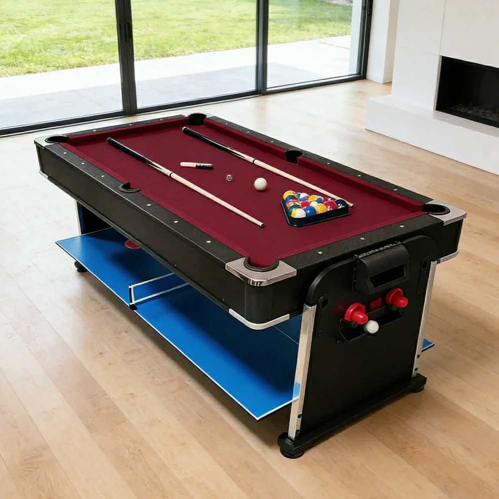 VERSA 4-IN-1 6FT Convertible Game Table - Air Hockey, Pool, Table Tennis & Dining, Space-Saving Black Frame, Free Accessories - Red Felt - Image 5
