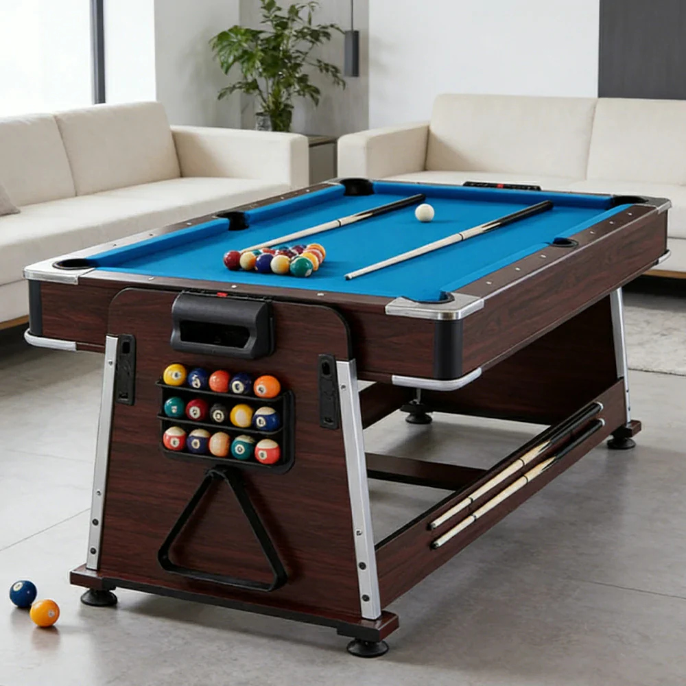 VERSA 4-IN-1 6FT Convertible Game Table - Air Hockey, Pool, Table Tennis & Dining, Space-Saving Brown Frame, Free Accessories - Blue Felt - Image 3