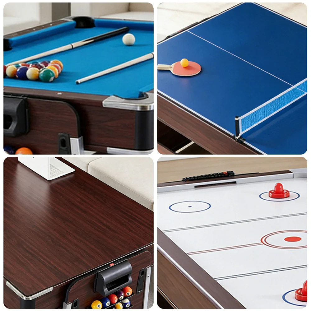 VERSA 4-IN-1 6FT Convertible Game Table - Air Hockey, Pool, Table Tennis & Dining, Space-Saving Brown Frame, Free Accessories - Blue Felt - Image 4
