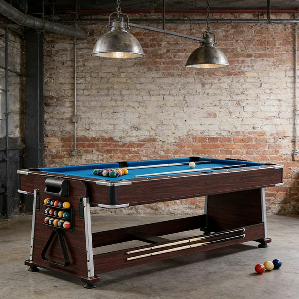 VERSA 4-IN-1 6FT Convertible Game Table - Air Hockey, Pool, Table Tennis & Dining, Space-Saving Brown Frame, Free Accessories - Blue Felt - Image 5