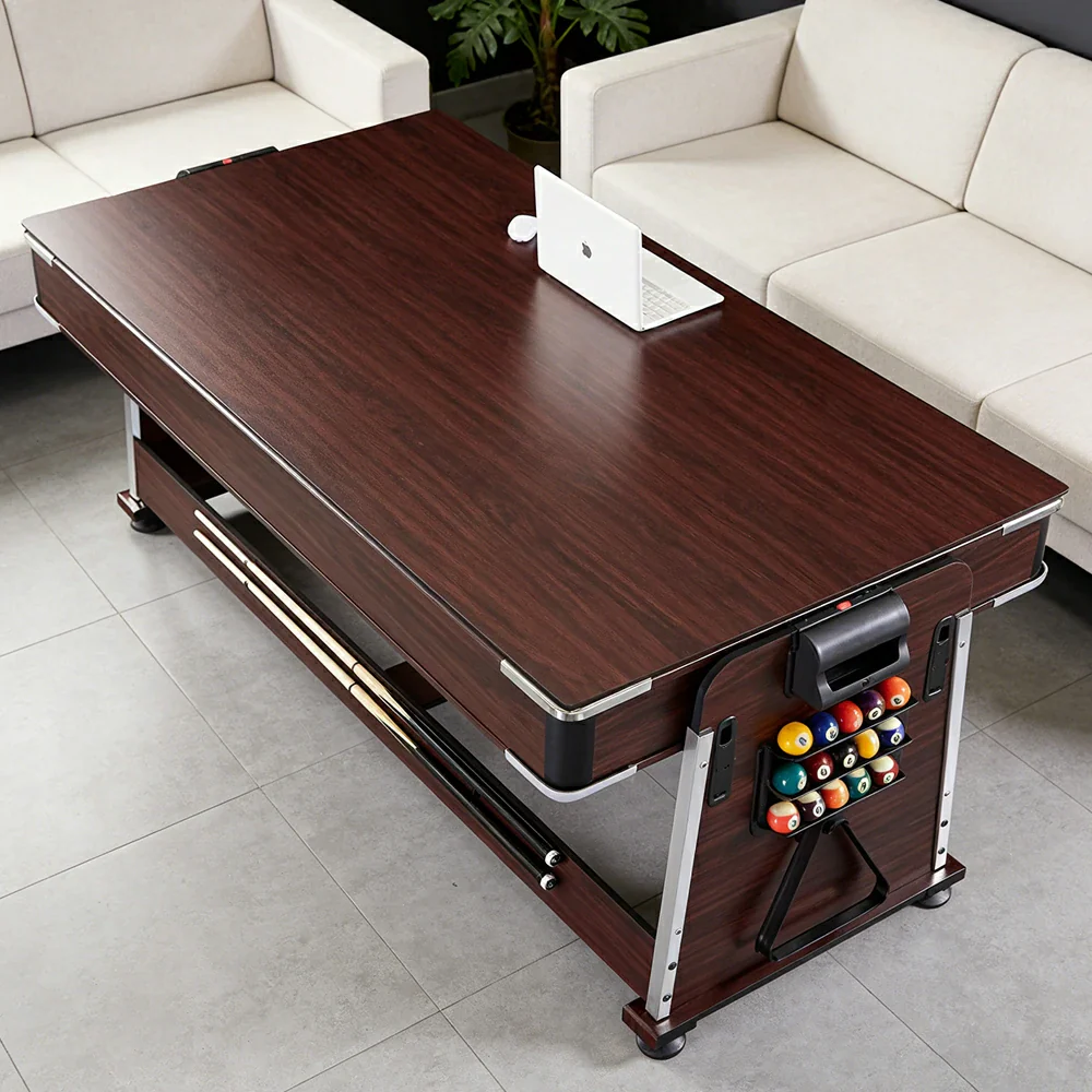 VERSA 4-IN-1 6FT Convertible Game Table - Air Hockey, Pool, Table Tennis & Dining, Space-Saving Brown Frame, Free Accessories - Blue Felt - Image 7